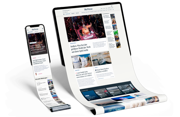 Tablet und Handy, aus denen "Die Presse" Website wie ein Papier rausläuft
